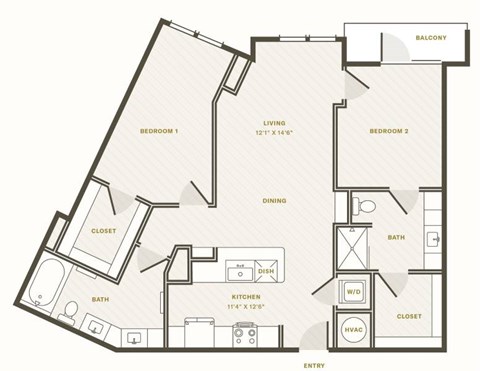 Floor plan for 2 beds, 2 baths, 1247 sqft